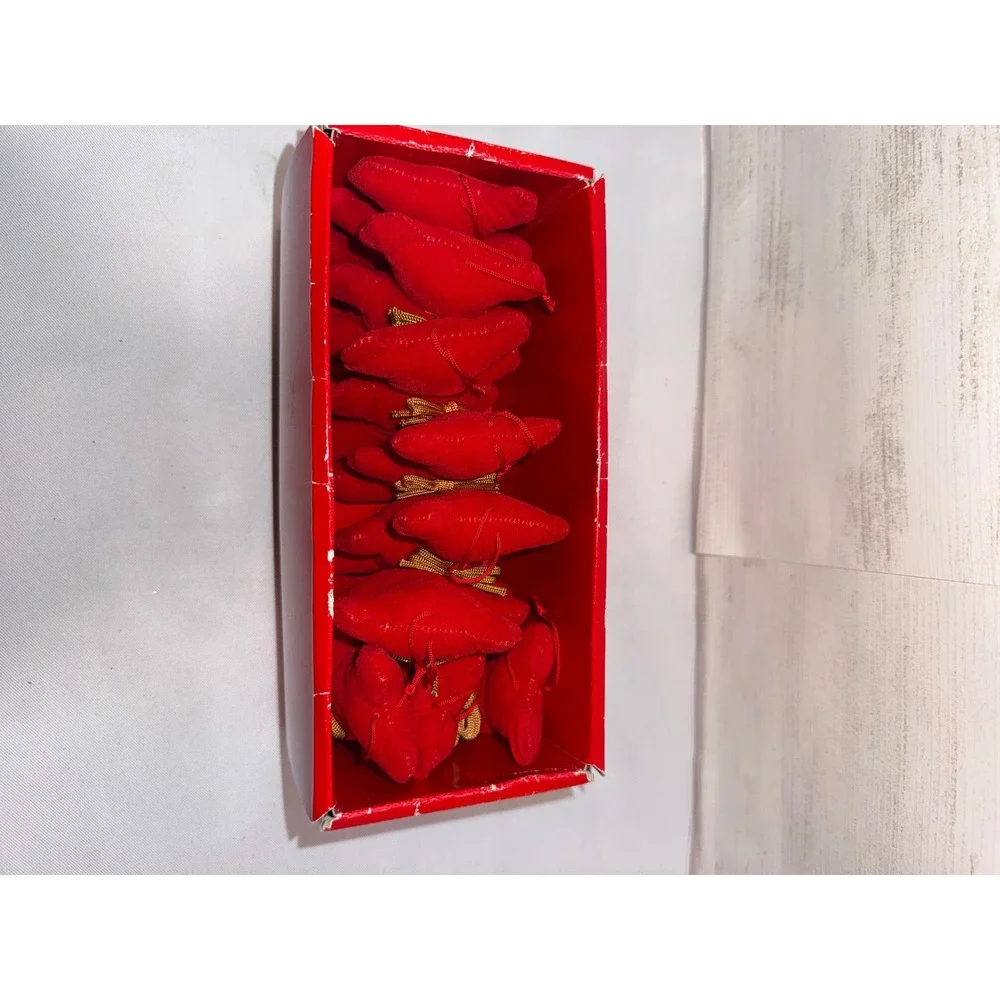 Vintage Red Flocked Bear and Mouse Christmas‎ Ornaments Set of 9 Gold Bows